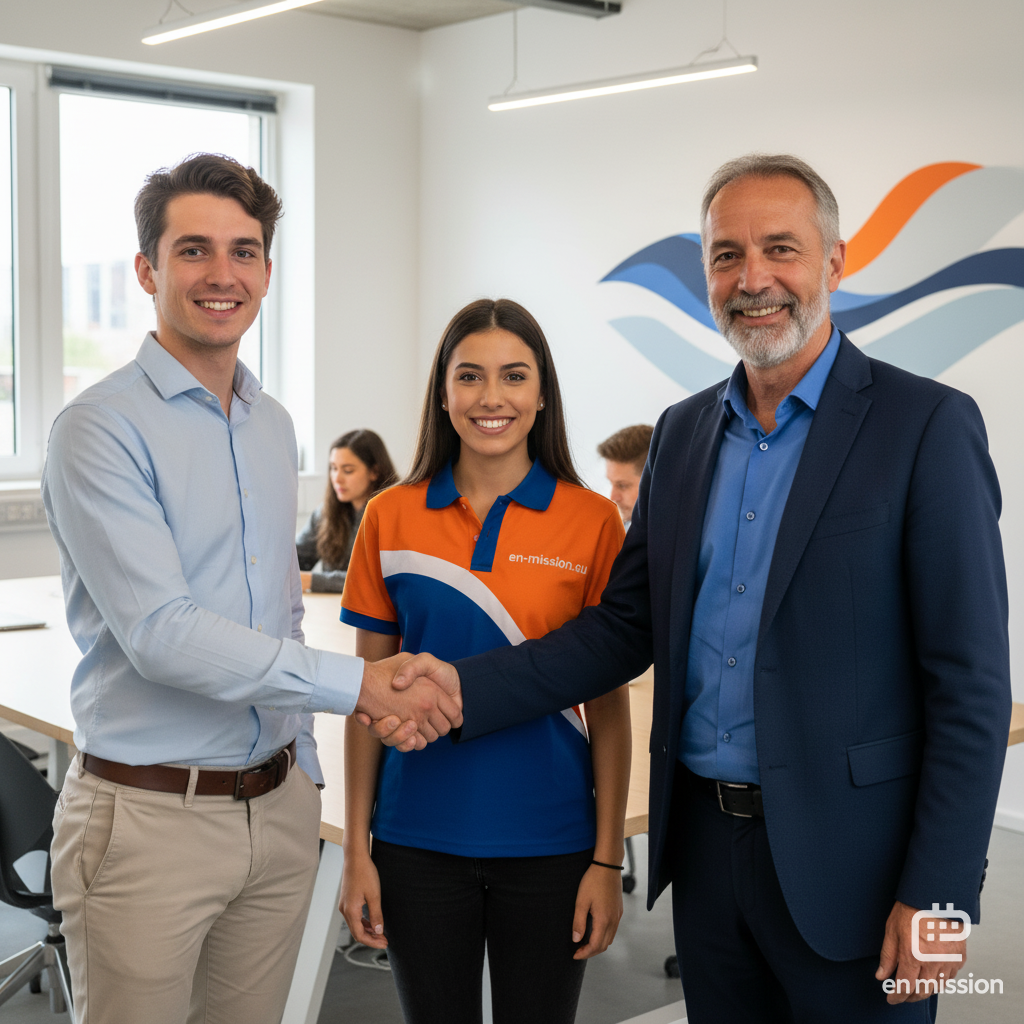 Femme portant un Tshirt de couleur orange et bleu en-mission.eu entre 2 personnes se serrant la main (un étudiant et un gérant d'entreprise).